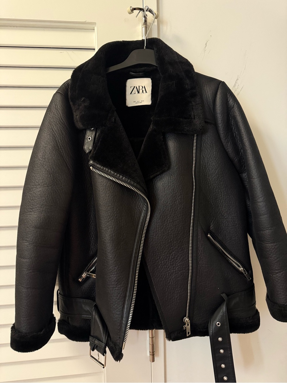 Zara Black Faux-Shearling Moto Jacket